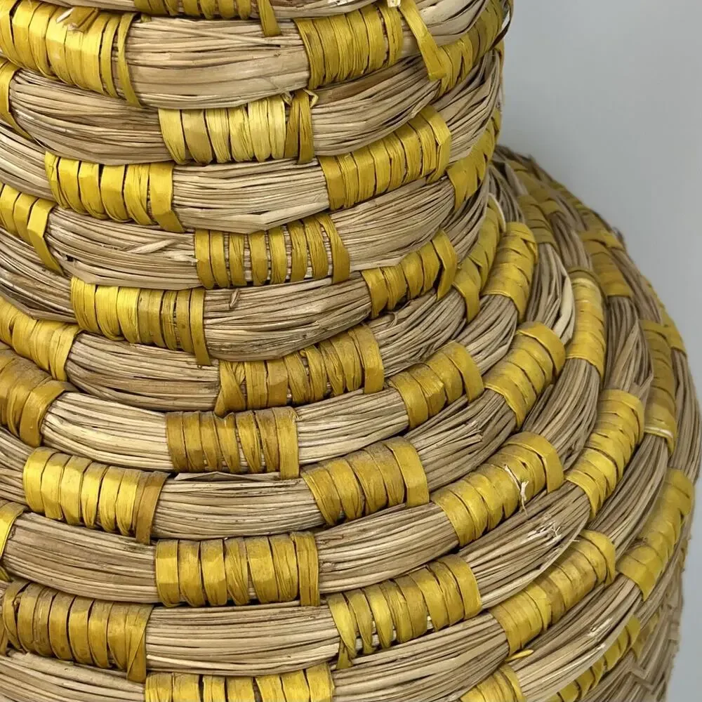 Wicker Coiled Bottleneck Vase 14.5” Floor Tabletop Boho Decor Yellow Stripe
